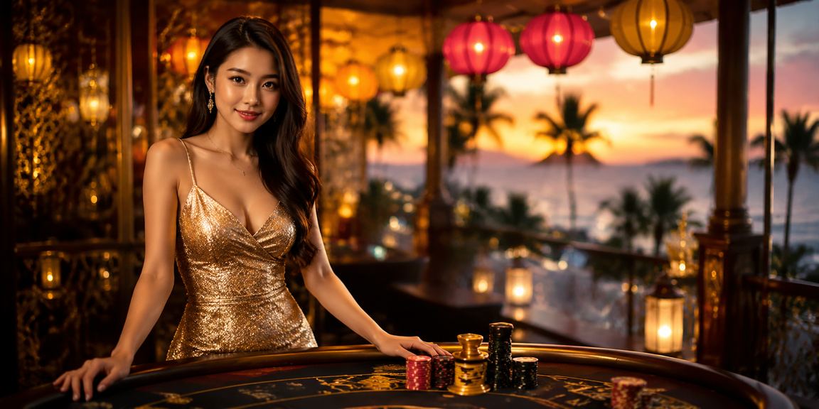 Màn hình slot game sáng rực trên nền bãi biển Đà Nẵng ban đêm
