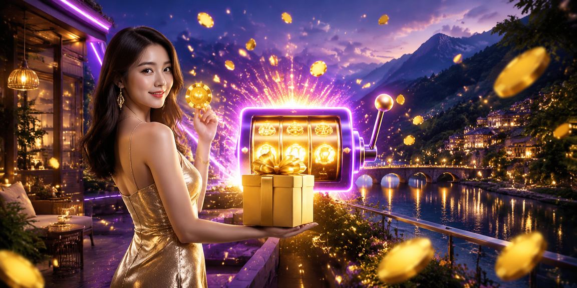 Máy slot neon sáng rực tại khu vực game trực tuyến